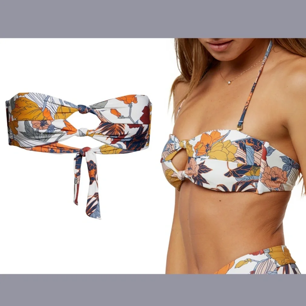 NEW O'Neill‎ [ Medium ] Corinna Floral Print Knot Bandeau Bikini Top